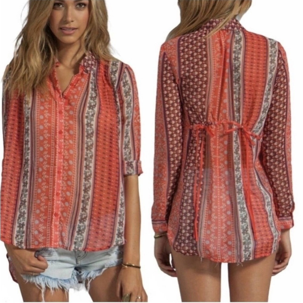 Free People Orange Floral Button Down Shirt Ties in Back Boho Sheer